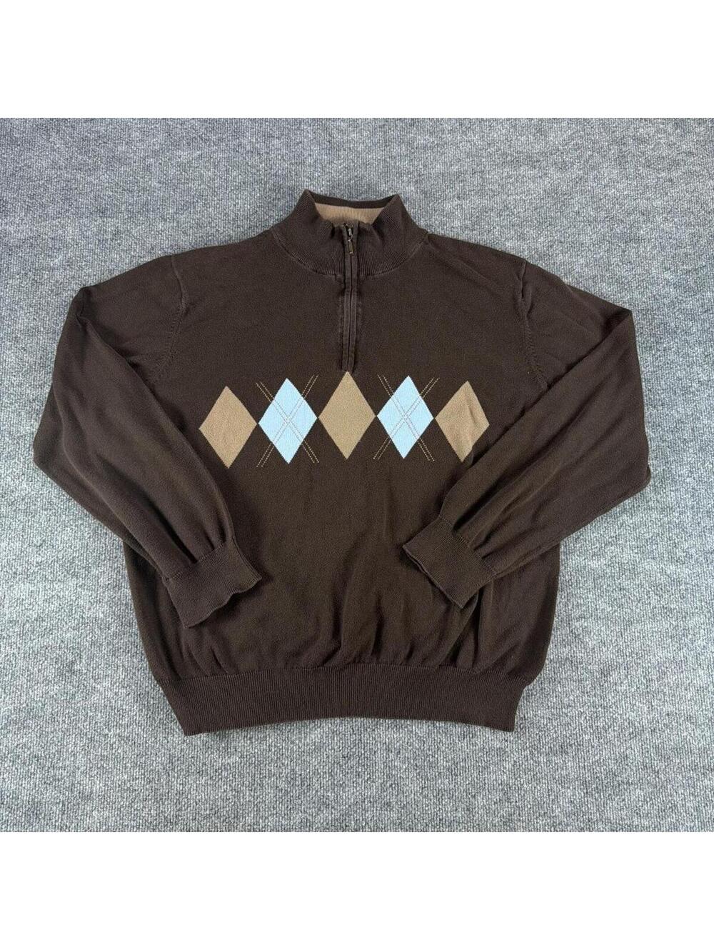 Stafford Signature Men's Brown Argyle Quarter Zip Sweater‎ XXL 100% Pima Cotton